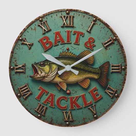 Vintage Bass Fishing Rustic Lake Cabin Angler ラージ壁時計 (正面)