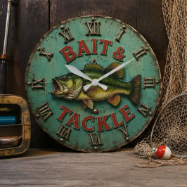Vintage Bass Fishing Rustic Lake Cabin Angler ラージ壁時計