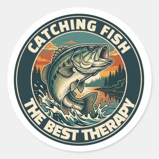 Vintage Bass Fishing Therapy Retro Badge ラウンドシール (正面)