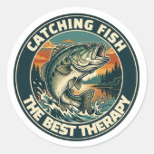 Vintage Bass Fishing Therapy Retro Badge ラウンドシール (正面)