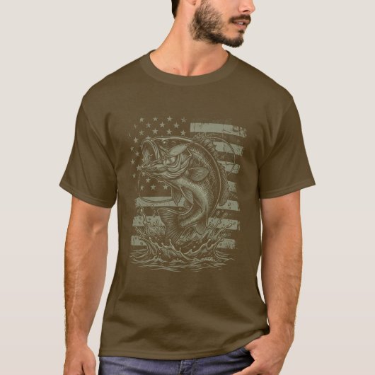 Vintage Bass Fishing US American Flag Camouflage Tシャツ (正面)