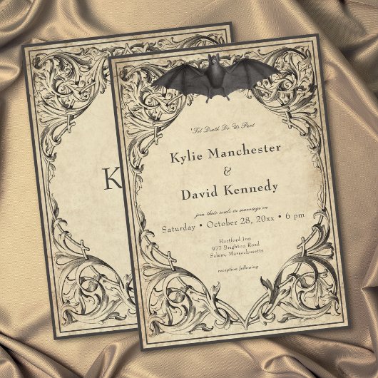 Vintage Bat Until Death Black Parchment Wedding 招待状