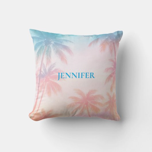 Vintage Beach Sunset Palm Trees Pastel             クッション (正面)