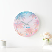 Vintage Beach Sunset Palm Trees Pastel             ラージ壁時計 (ホーム)