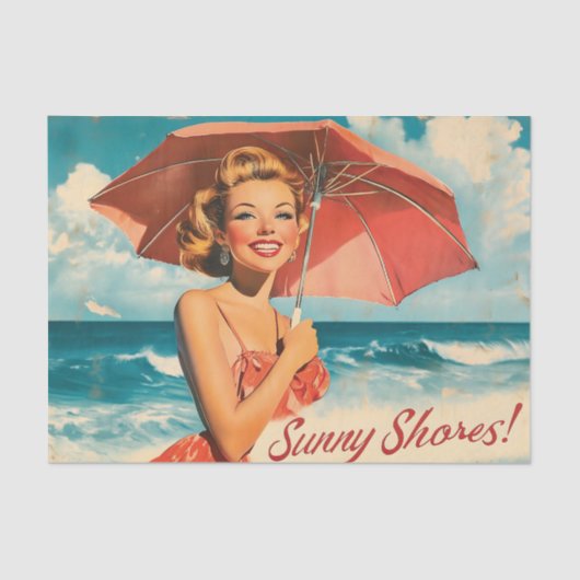 Vintage Beach Vacation Poster: Blonde Pin-Up  薄葉紙 (正面)