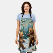 Vintage Bear Cubs Playing in Snowy Christmas エプロン (着用した状態)