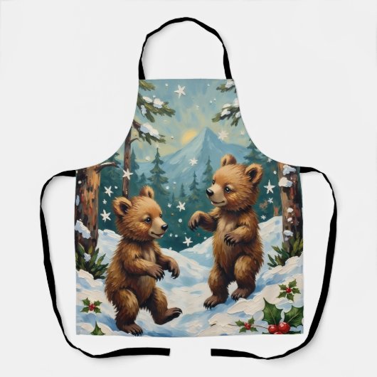 Vintage Bear Cubs Playing in Snowy Christmas エプロン (正面)
