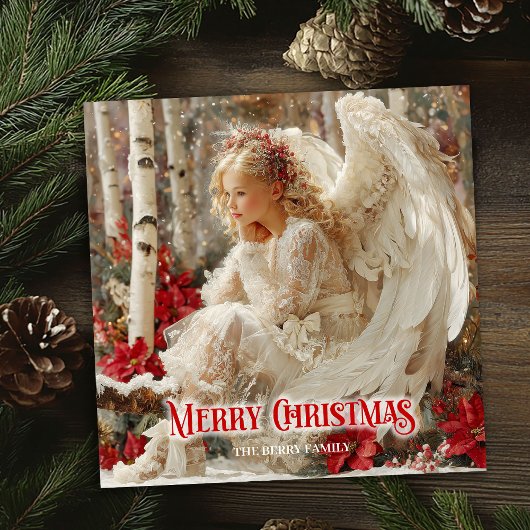 Vintage beautiful angel red poinsettias holiday  シーズンカード