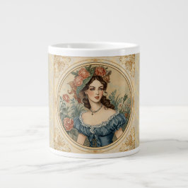 Vintage, Beautiful Women in The Flowers Garden ジャンボコーヒーマグカップ