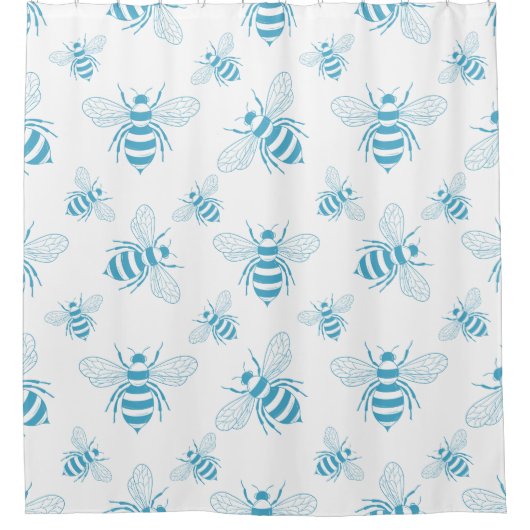 Vintage Bee Botanical Blue (1) シャワーカーテン (正面)