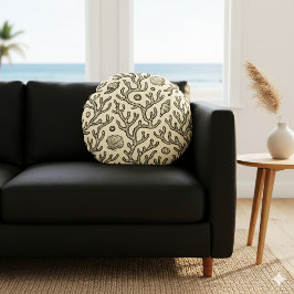 vintage beige hand drawn coral reef pattern ラウンドクッション