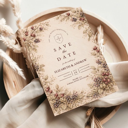 Vintage Berry Botanical Wedding セーブザデート