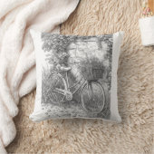 Vintage Bicycle & Garden Roses Ink Art Pillow クッション (ブランケット)