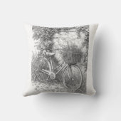 Vintage Bicycle & Garden Roses Ink Art Pillow クッション (裏面)