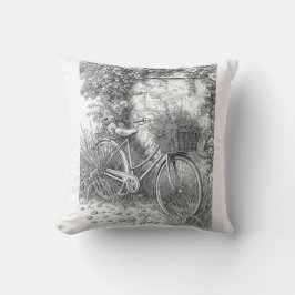 Vintage Bicycle & Garden Roses Ink Art Pillow クッション
