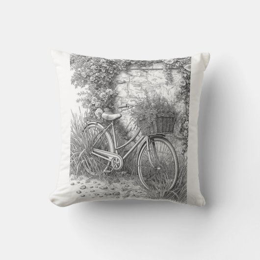 Vintage Bicycle & Garden Roses Ink Art Pillow クッション (正面)