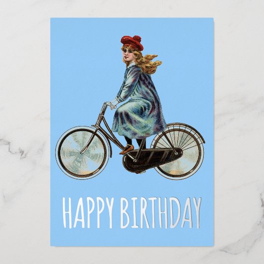 Vintage Bicycle girl - お誕生日おめでとう 箔シーズンカード (正面)