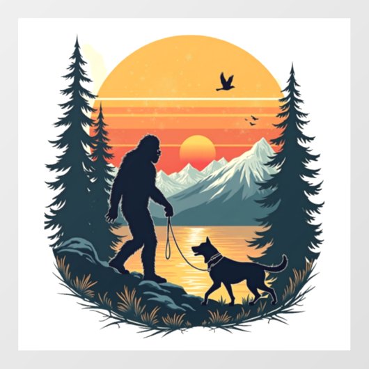 Vintage Bigfoot Walking Dog Mountain Sunset Retro  ウィンドウサイン (シート)