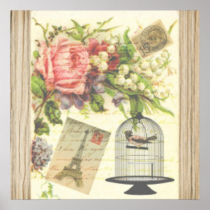 Vintage Bird Floral French Paris Eiffel Tower ポスター