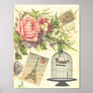 Vintage Bird Floral French Paris Eiffel Tower ポスター