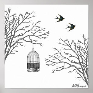 Vintage Birdcage Bare Branch Swallow Poster ポスター