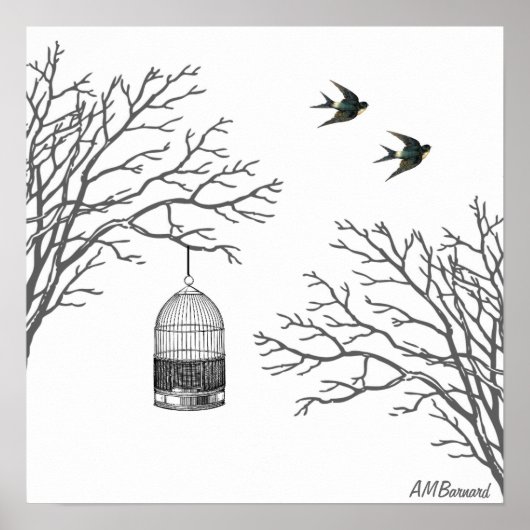 Vintage Birdcage Bare Branch Swallow Poster ポスター (正面)