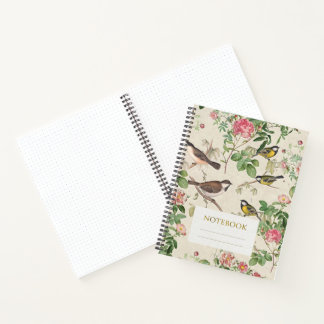 Vintage birds and roses cottage core journal ノートブック