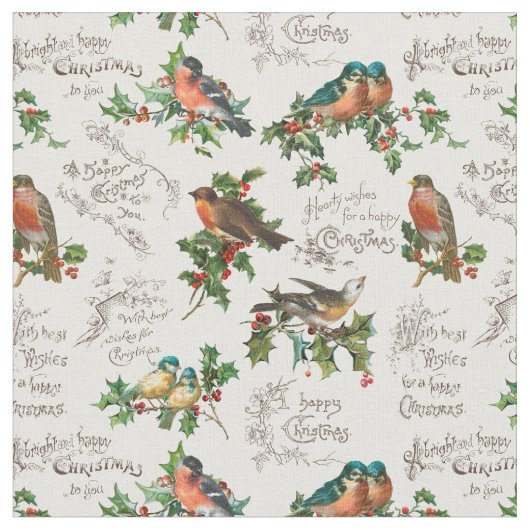 Vintage Birds, Holly & Christmas Greetings ファブリック (クローズアップ)