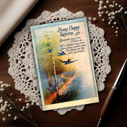 Vintage Birthday 1917 Swallows ポストカード