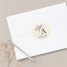 Vintage Black And Ivory Old Money Monogram Wedding ラウンドシール