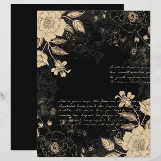 Vintage Black Beige Floral Script Scrapbook Paper (正面/裏面)