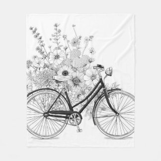 Vintage Black Bicycle Floral Sketch Blanket フリースブランケット