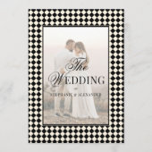 Vintage Black Checkered Old Money Photo Wedding 招待状 (正面)