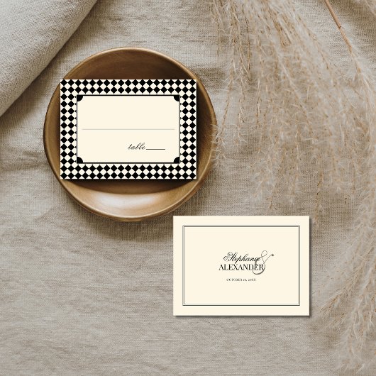 Vintage Black Checkered Old Money Wedding プレイスカード