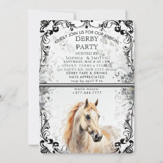Vintage Black & White Filigree Derby Party Invitat シーズンカード (正面)