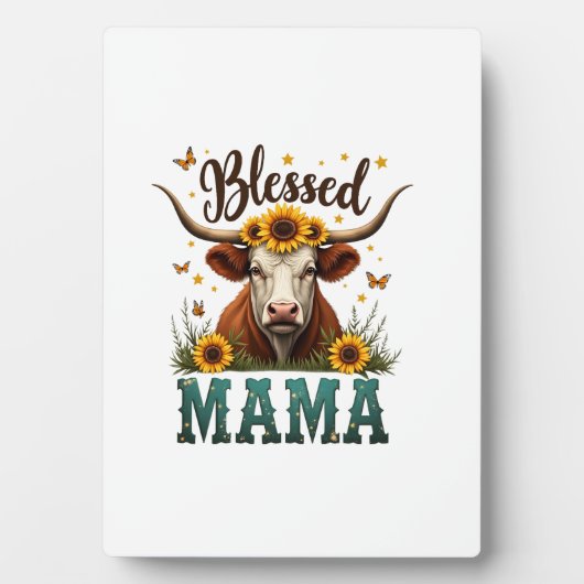 Vintage Blessed Mama Highland Cow Sunflower Wester フォトプラーク (正面)