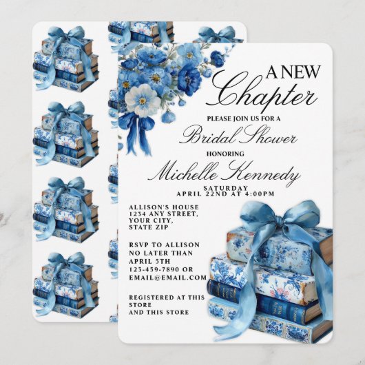 Vintage Blue A New Chapter Bridal Shower  招待状 (正面/裏面)