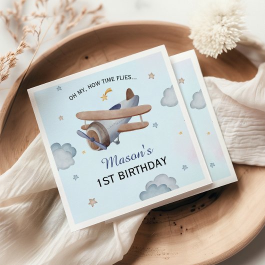Vintage Blue Airplane Sky 1st Birthday Party スタンダードカクテルナプキン