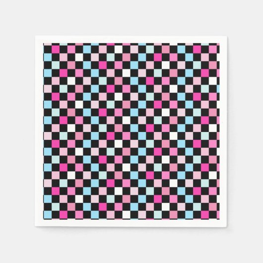 Vintage Blue and Pink Checkered Paper Napkins スタンダードカクテルナプキン (正面)
