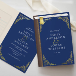 Vintage Blue Book Cover Gold Floral Folded Wedding 招待状