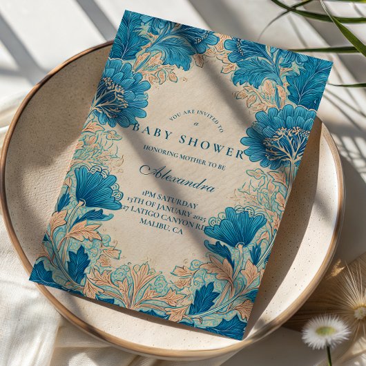 Vintage Blue Botanical Baby Shower 招待状