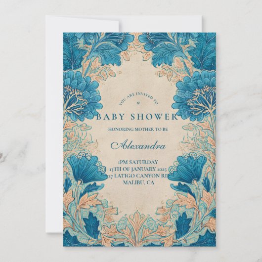 Vintage Blue Botanical Baby Shower 招待状 (正面)