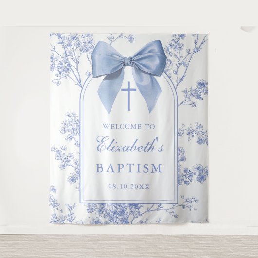 Vintage Blue Bow Baptism Photo Backdrop タペストリー (正面)