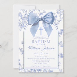 Vintage Blue Bow Floral Baptism 招待状