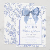 Vintage Blue Bow Floral Baptism 招待状 (正面/裏面)
