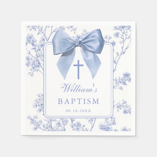 Vintage Blue Bow Floral Baptism Christening スタンダードカクテルナプキン (正面)