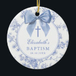 Vintage Blue Bow Floral Baptism Christening セラミックオーナメント<br><div class="desc">These pretty baptism, christening ornaments feature an elegant blue bow and stylish typography with a floral background and can be personalized with the name, special date and photo on the reverse. Designed by Thisisnotme©</div>