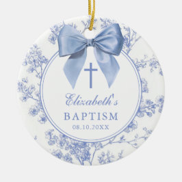 Vintage Blue Bow Floral Baptism Christening セラミックオーナメント