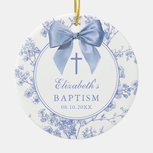 Vintage Blue Bow Floral Baptism Christening セラミックオーナメント (正面)