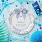 Vintage Blue Bow Floral Baptism Christening ペーパープレート (パーティー)